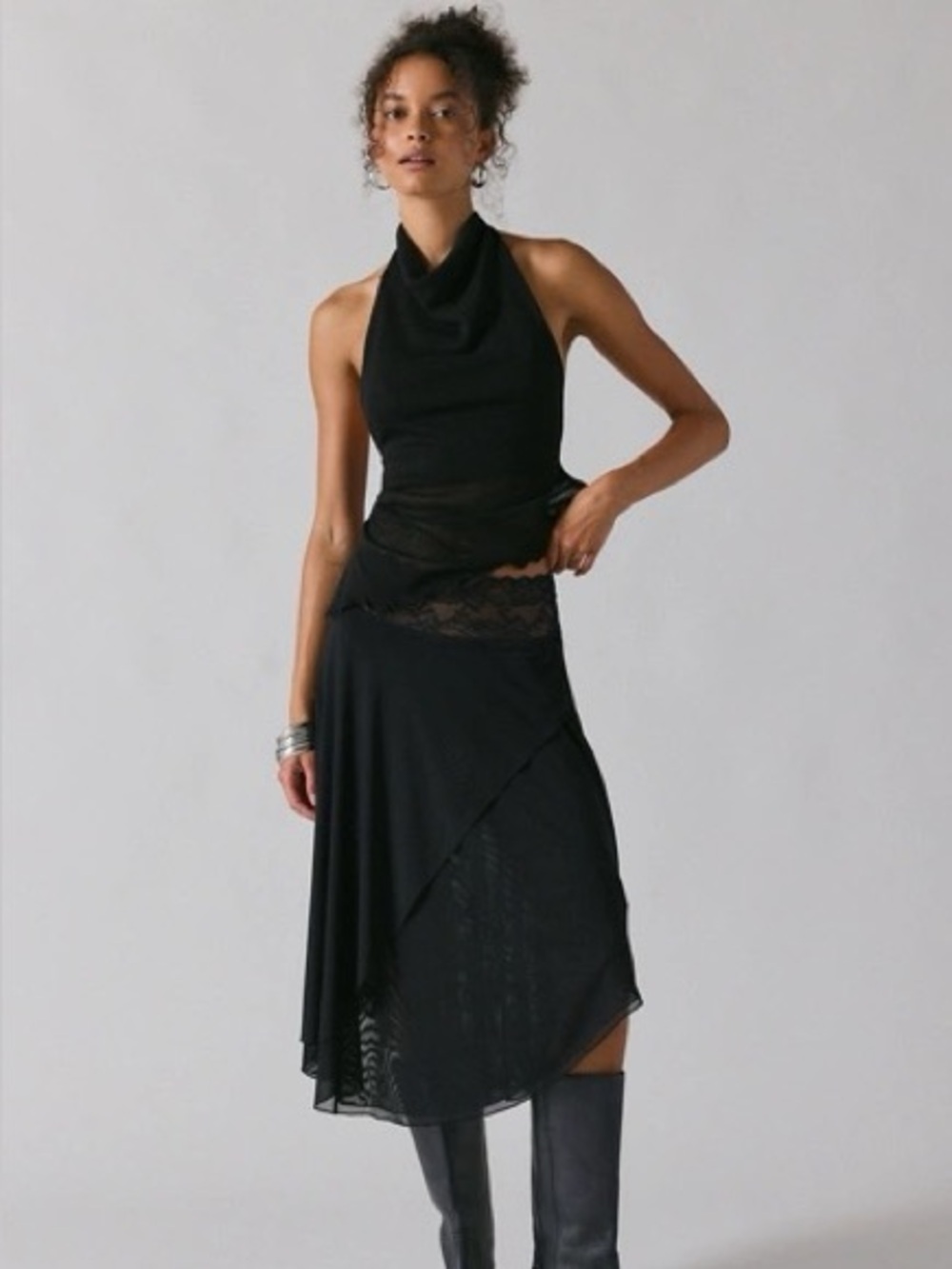 Kimchi Blue Ethereal Lace Trim Semi Sheer mesh midi skirt black size small